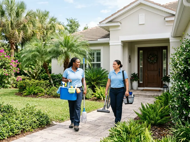 Two JM Shiny cleaners in light blue uniforms arriving at a Central Florida home with cleaning supplies