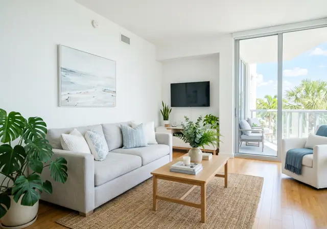 Freshly cleaned modern apartment living room with sofa, rug and balcony door