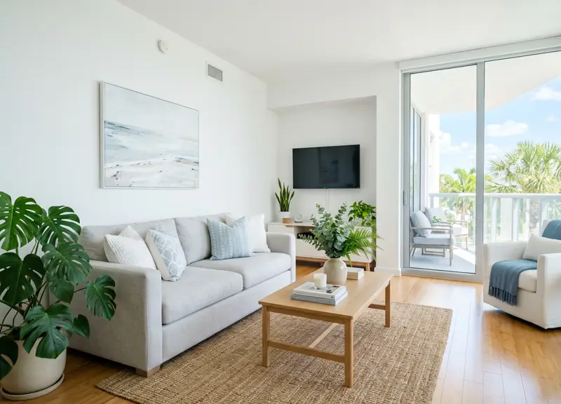 Freshly cleaned modern apartment living room with sofa, rug and balcony door