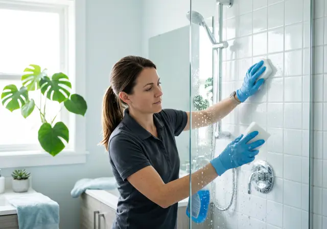Gloved cleaner scrubbing bathroom tile and a glass shower door during a deep clean