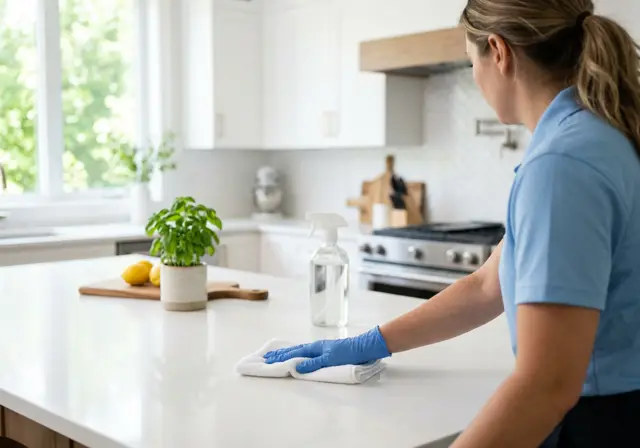 Cleaner wiping a white kitchen countertop during a house cleaning visit