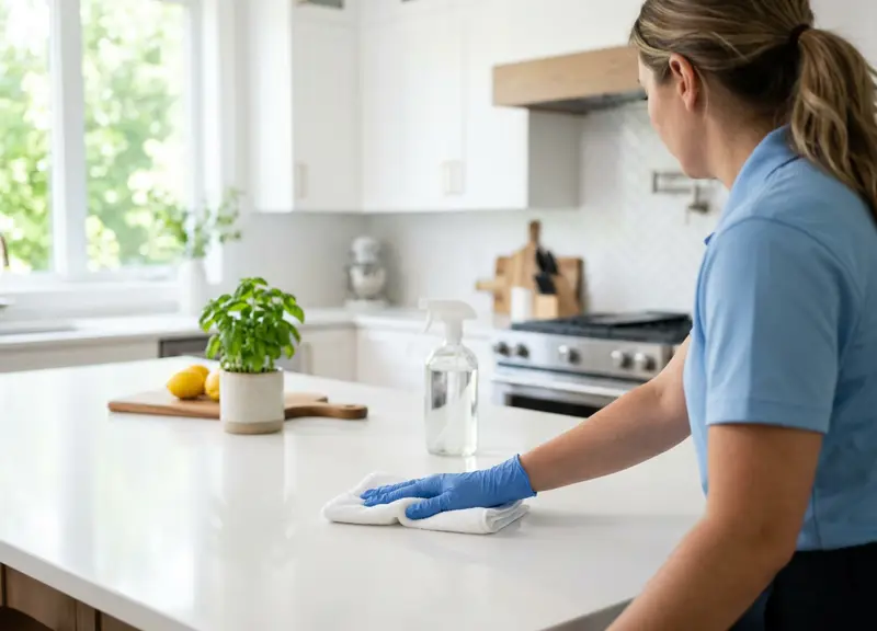 Cleaner wiping a white kitchen countertop during a house cleaning visit