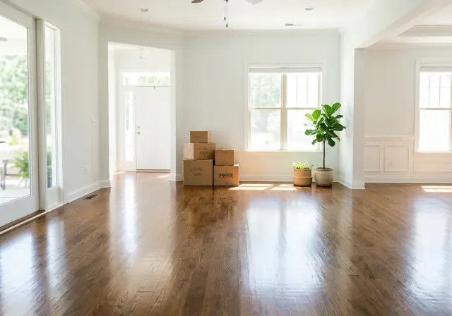 Empty, freshly cleaned home with gleaming wood floors and moving boxes by the door