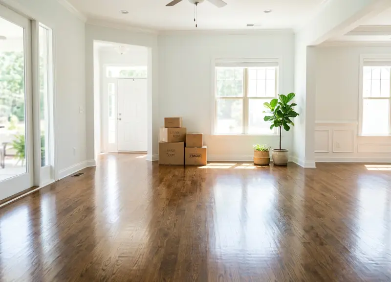 Empty, freshly cleaned home with gleaming wood floors and moving boxes by the door
